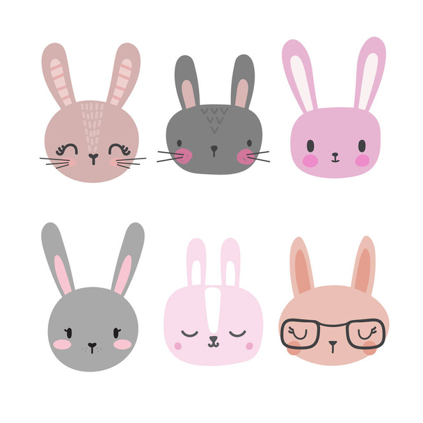 Reihe von niedlichen Kaninchen. Lustige Kritzeltiere. kleiner Hase im Cartoon-Stil - Vektor, Bild