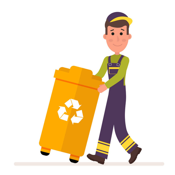 Müllabfuhr. Ein Mann in Uniform holt einen Container mit Müll hervor. flachen Charakter isoliert auf weißem Hintergrund. Vektor, Abbildung eps10. - Vektor, Bild