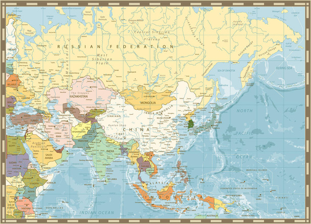 Asya ve bathymetry eski retro Haritası - Vektör, Görsel