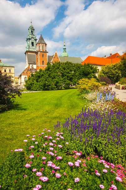 Навесні сад в з собором у Європі фону, Польщі, Королівського замку Вавель у Кракові - Фото, зображення