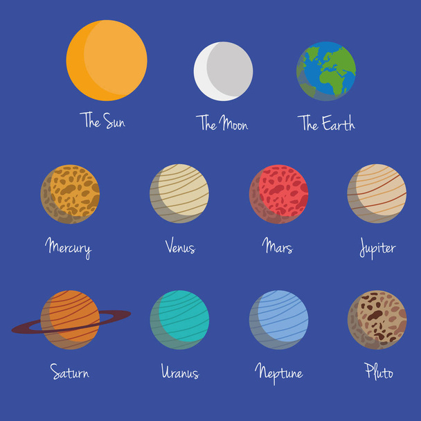 Gezegenlerin Güneş sistemi vektör çizim ayarla, ayın ve güneşin altında koyu mavi arka plan ile. İzole öğeleri. - Vektör, Görsel