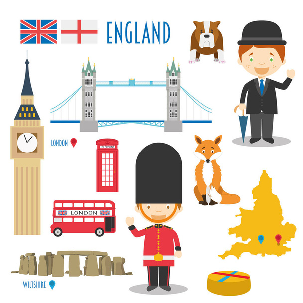 Inglaterra Flat Icon Set Travel and tourism concept. Ilustração vetorial
 - Vetor, Imagem