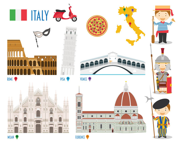 Италия Плоская икона Набор Путешествия и туризма концепция. Векторная иллюстрация
 - Вектор,изображение