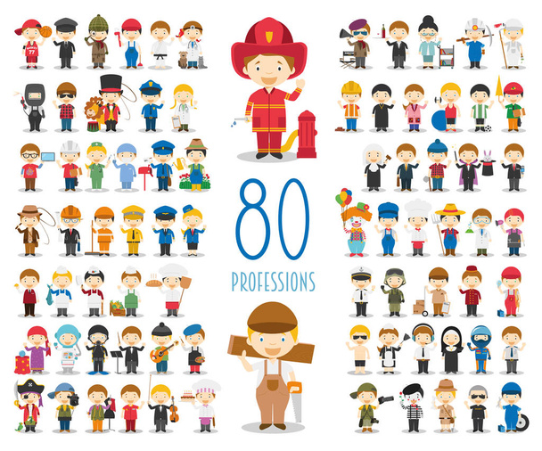 Sammlung von Vektorfiguren für Kinder: 80 verschiedene Berufe im Cartoon-Stil. - Vektor, Bild