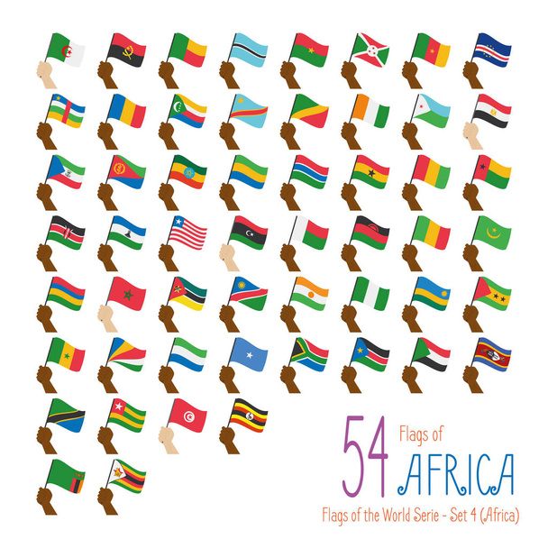 Sada 54 příznaků z Afriky. Ruční zvýšení národní vlajky 54 zemí Afriky. Sada ikon vektorové ilustrace. - Vektor, obrázek