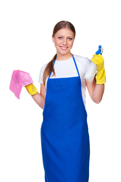 glückliche Hausfrau in blauer Schürze - Foto, Bild