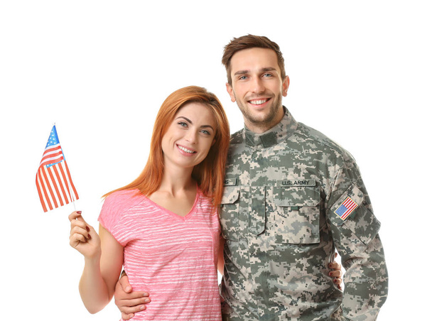 Soldier with girlfriend on white  - Фото, зображення