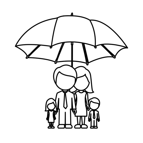 Monochrome Kontur des Regenschirms schützt gesichtslose Familiengruppe - Vektor, Bild