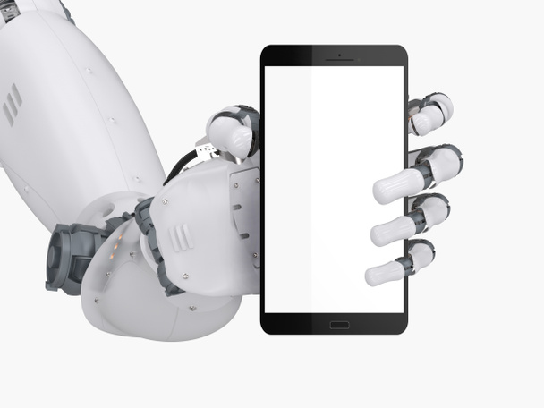 robot de mano celebración de pantalla en blanco teléfono móvil
 - Foto, Imagen
