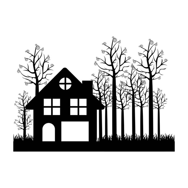 black silhouette of cottage in the forest in white background - Vector, Image