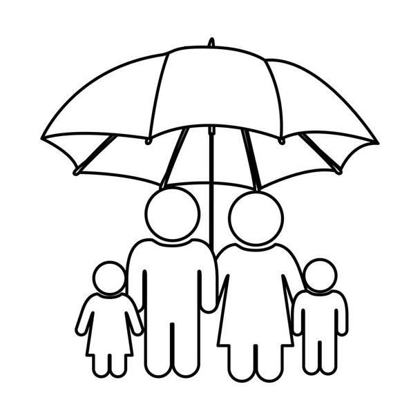 монохромный контур пиктограммы с зонтиком, защищающим семейную группу
 - Вектор,изображение