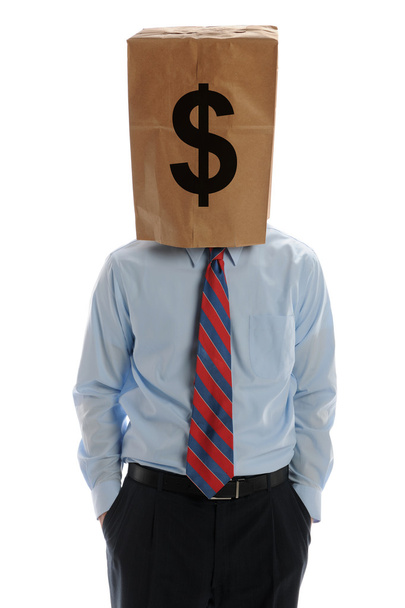 Homme d'affaires portant un sac en papier sur la tête
 - Photo, image