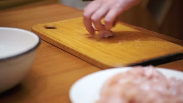 Woman Cooked Fresh Raw meat Beats on the table with Meat Hammer in Home Kitchen. Slow Motion - Video