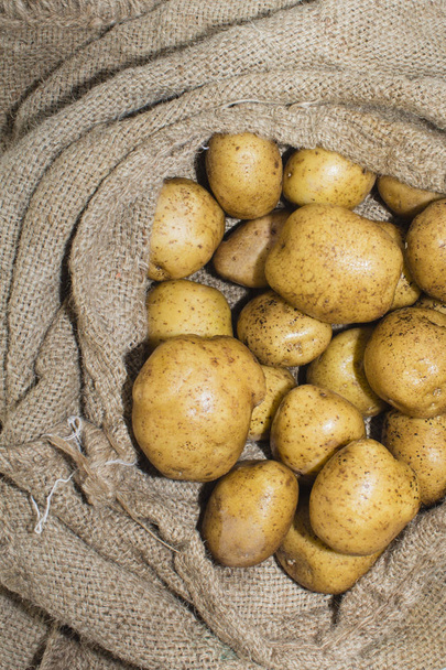 Harvest potatoes in burlap sack on wooden background. - Photo, Image