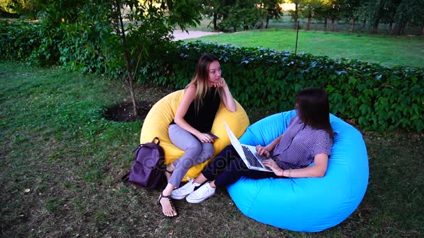 Две подруги выбирают место, чтобы провести свободное время, искать предложения в Интернете с помощью ноутбука и планшета, сидеть в мягких стульях в парке в дневное время
. - Кадры, видео