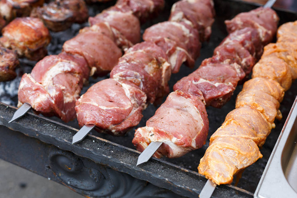 Beef and chicken kebab. Fresh meat at grill, bbq - Photo, Image