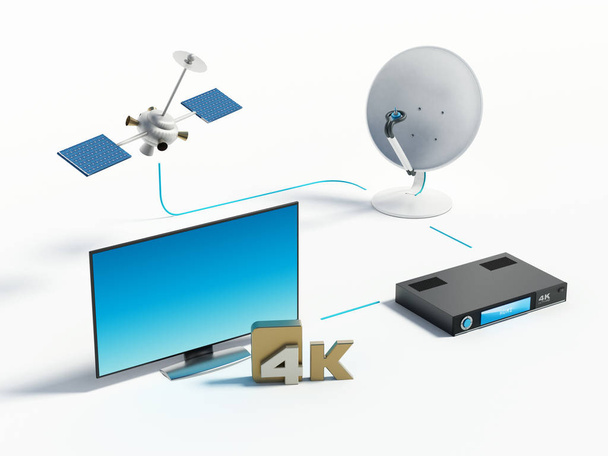 Satellite, dish, 4K ultra HD receiver and TV. 3D illustration - Foto, Imagen