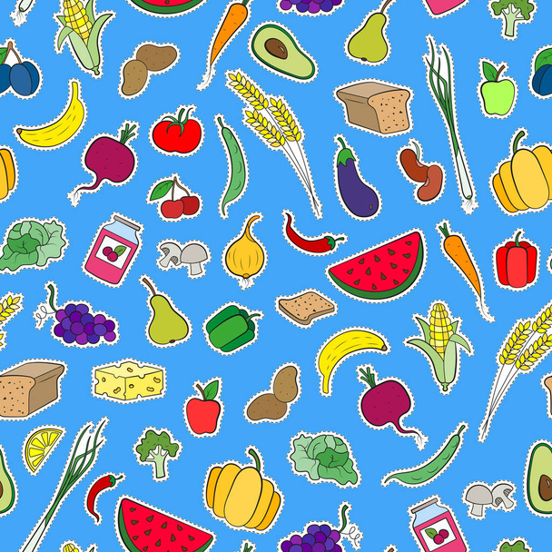 Безшовний фон на тему вегетаріанства, простих іконок, харчових знаків на синьому фоні
 - Вектор, зображення