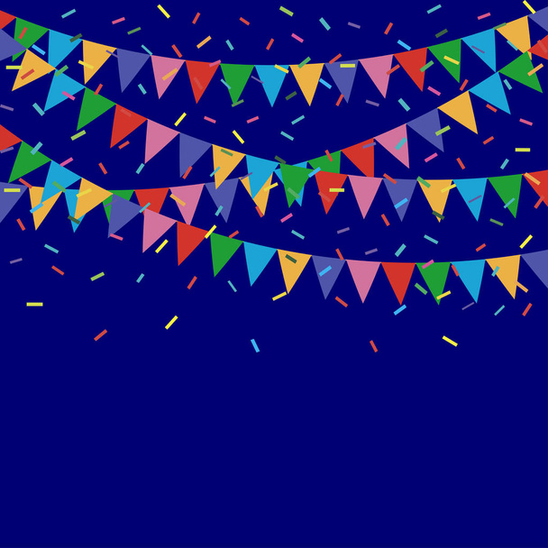 Drapeaux festifs et confettis. Fête de carnaval. Guirlande de drapeaux de couleur et confettis. Fond de vacances
 - Vecteur, image
