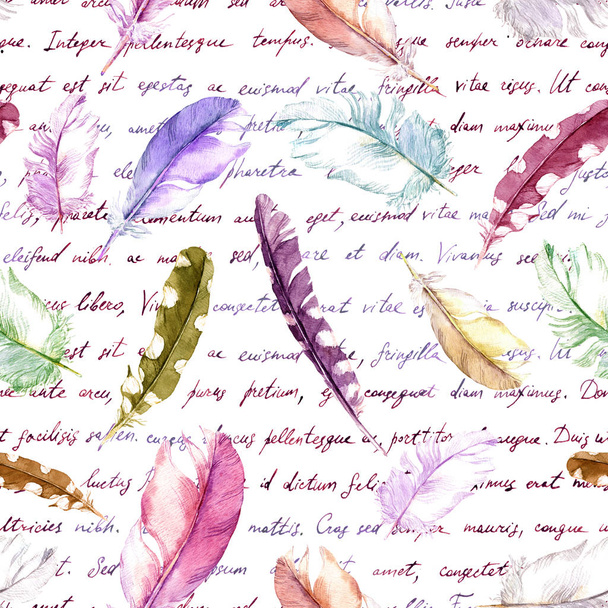 Feathers, hand written words. School concept. Watercolor vintage seamless background - Фото, зображення