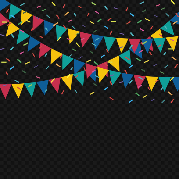 Drapeaux festifs et confettis. Fête de carnaval. Guirlande de drapeaux de couleur et confettis. Fond de vacances
 - Vecteur, image