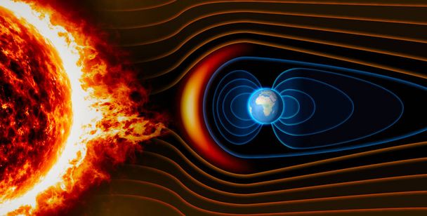 El campo magnético de la Tierra, la Tierra, el viento solar, el flujo de partículas
 - Foto, imagen