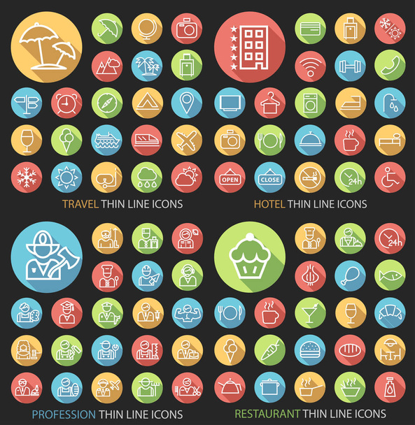 Set von 80 universellen flachen, minimalistischen Symbolen auf runden, farbigen Knöpfen (Reise-, Hotel-, Berufs- und Restaurantsymbole) auf schwarzem Hintergrund - Vektor, Bild