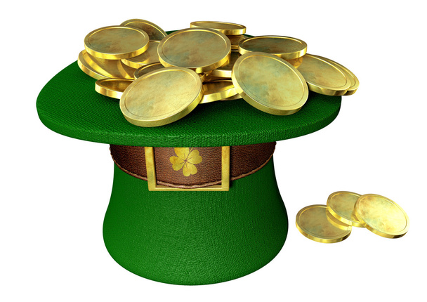 金貨でいっぱい緑レプラコーン帽子 - 写真・画像