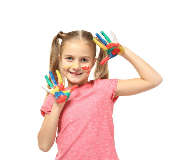 Cute little girl with hands in paint  - Фото, зображення