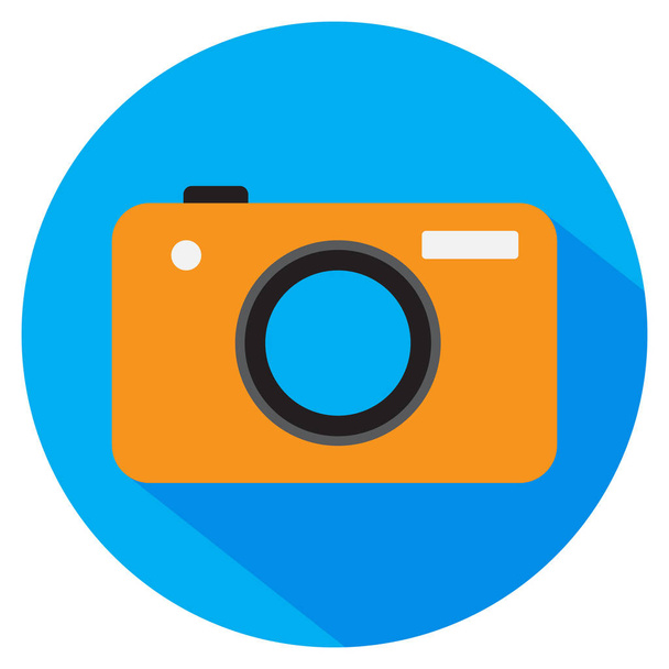 Photo camera. Vector icon. Orange color camera on blue circle with shadow. Flat style. - Vektor, obrázek