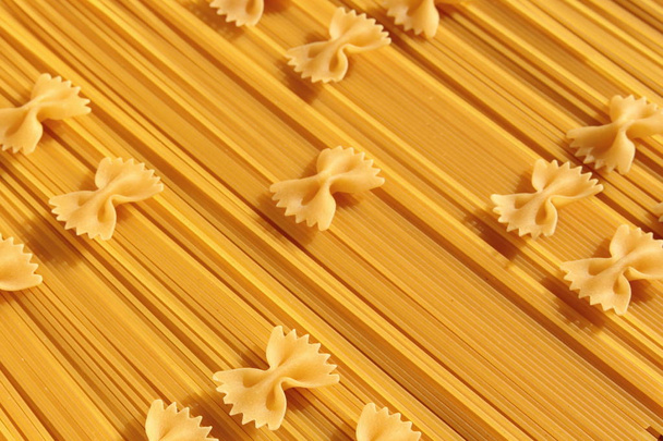 Pasta bows placed on spaghetti. - 写真・画像