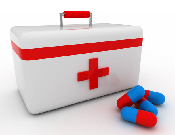 τρισδιάστατη απεικόνιση του κουτί πρώτων βοηθειών με tablet φάρμακα - Φωτογραφία, εικόνα