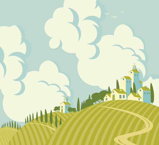 spring landscape with Village on the hill - Vector, Imagen