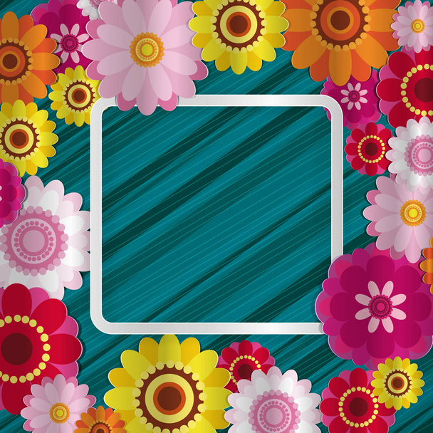 Spring congratulatory floral background. Festive paper flowers on a square light frame.  - Vecteur, image