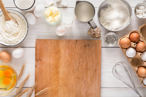 Baking ingredients on rustic wood background - Foto, Imagem