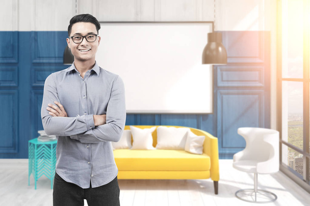 Asian man in glasses, office and blank whiteboard - Foto, Imagem