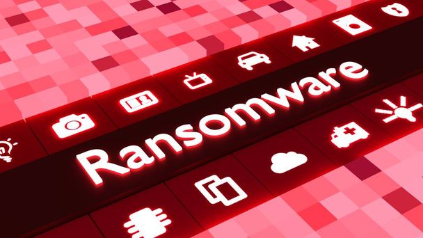 Ransomware iot symbols on cubic red background - Photo, Image