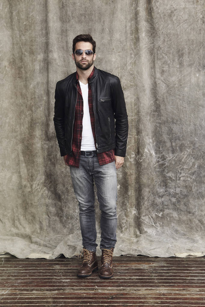 Man in shades and leather jacket   - Фото, зображення