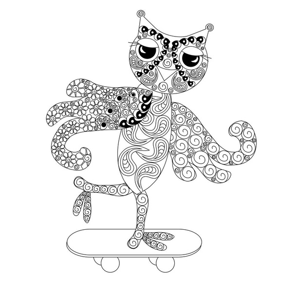 Stylized monochrome owl on skateboard, doodle style anti stress stock vector illustration - Vector, Image