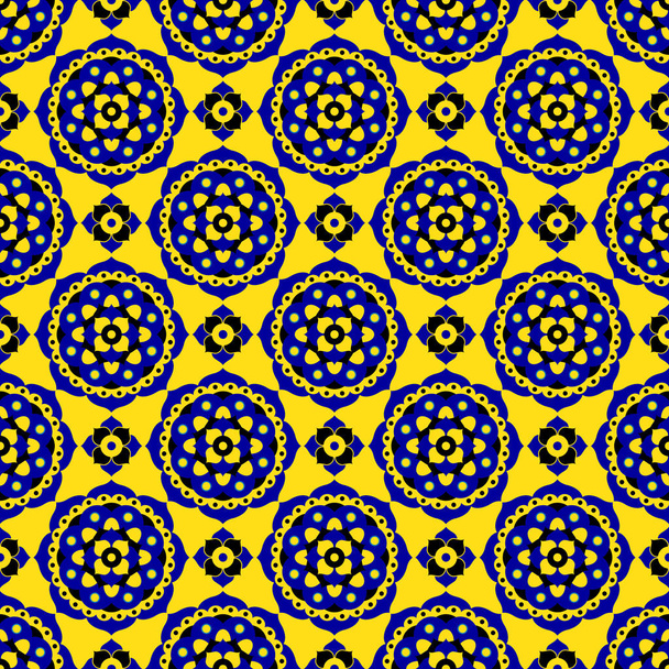 seamless pattern - blue, black, yellow bloom tiles - Vektor, kép