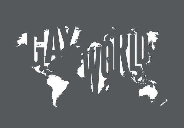 Schwule Weltkarte mit grau-weißem Hintergrund. Homosexuelle Illustration. Gleichheitsflagge mit Umrissen des Globus-Vektorkonzepts. Toleranz bisexueller Lebensstil - Vektor, Bild