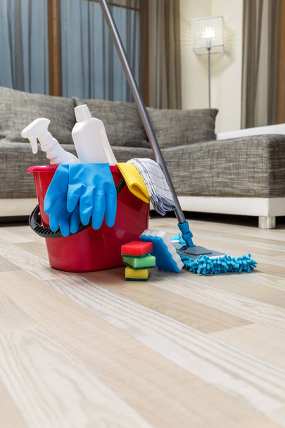 Cleaning service. Sponges, chemicals and mop. - Foto, Bild