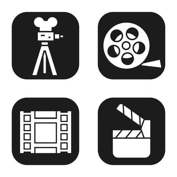 Filming icons set. Film camera, video, reel, movie clapperboard symbol. Vector white silhouettes illustrations in black squares. - Διάνυσμα, εικόνα