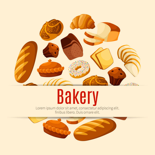 Плакат хлібобулочних виробів та кондитерських виробів з хлібом та тортами
 - Вектор, зображення