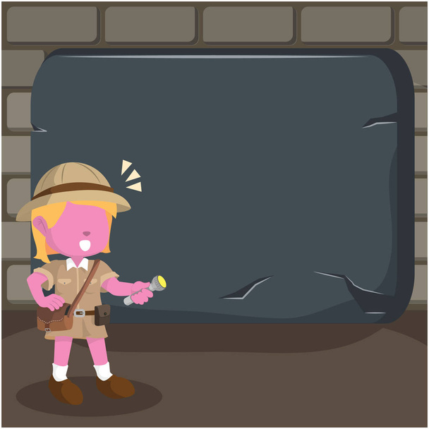 pink girl explorer with giant stone tablet - Διάνυσμα, εικόνα