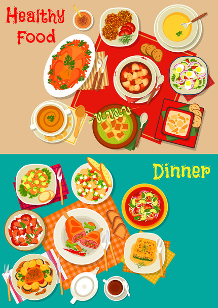 Fresh salad, soup and meat dishes icon set design - Vector, Image