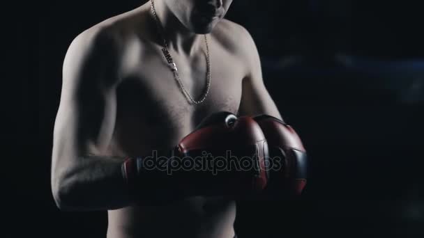 Boks eldivenleri bir boksör atlet portresi - Video, Çekim