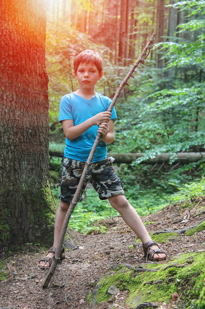 Boy with long wooden stick in forest park in sunlight - Fotó, kép