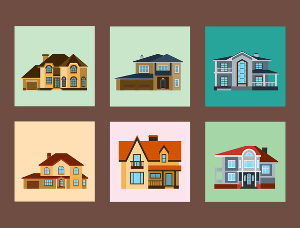 Case vista frontale vettoriale illustrazione edificio architettura casa costruzione immobiliare residenziale tetto appartamento alloggio cottage
 - Vettoriali, immagini
