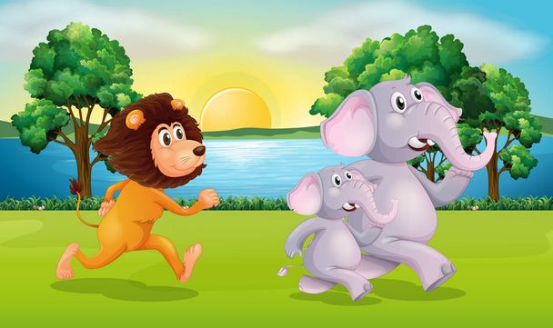 Lion and elephants running in park - Vector, Image